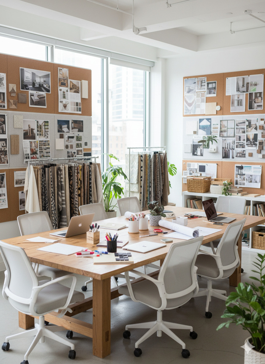 Interior design studio workspace with mood boards and fabric samples