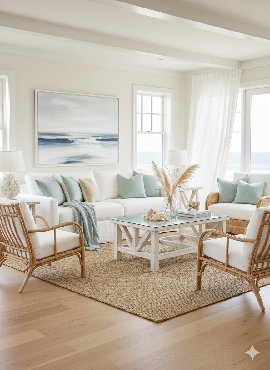 Coastal style living room with light blue accents and natural textures