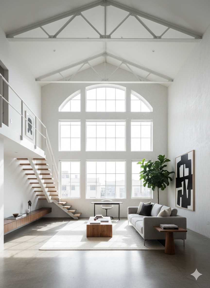 Contemporary loft apartment with minimalist décor and natural lighting