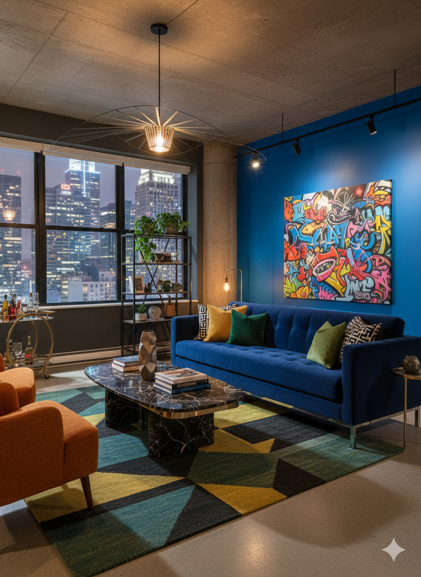 Urban chic apartment with bold colors and contemporary furniture