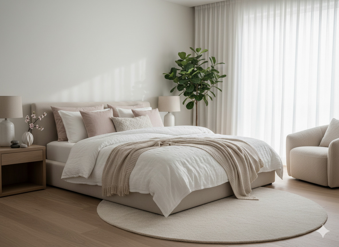 Serene bedroom with soft textures and calming color palette