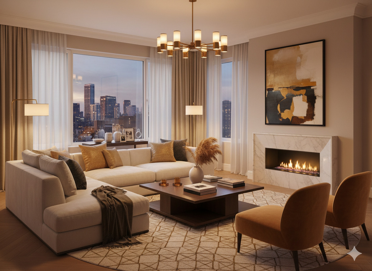 Elegant living room with modern furniture and warm lighting